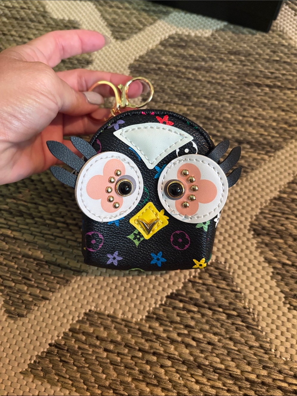 Whimsical Black Owl Keychain Coin Pouch with Multicolor Accents
